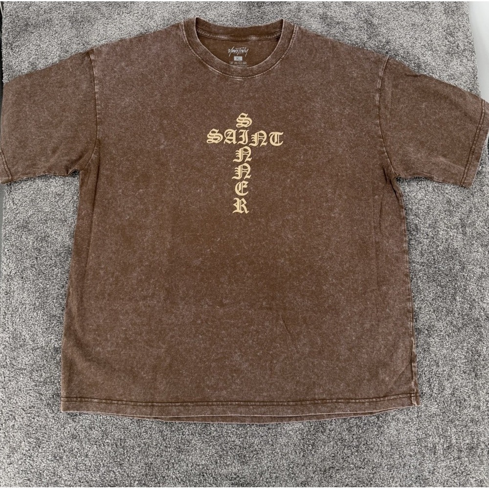 Yours Truly Saint Sinner Brown Mineral Wash Graphic Tee Men XL Streetwear T-Shir